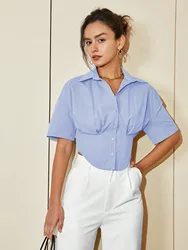 Summer new French niche women's short-sleeved shirt fold lapel waist short