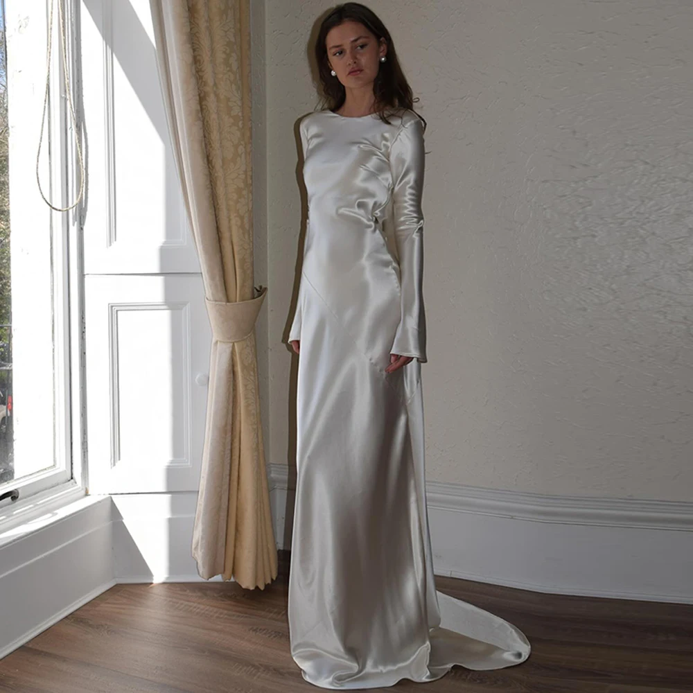 

Elegant White Satin Evening Dress Classic O-Neck Long Sleeves Customized Celebrity Gowns Temperament Sweep Train Bridal Party