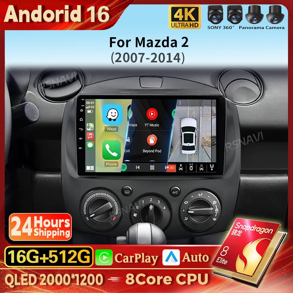 

Android 16 Carplay Auto 2K Screen Car Radio Multimedia Player For Mazda 2 2007-2014 WIFI+4G Autoradio Stereo 2din 16G-512G