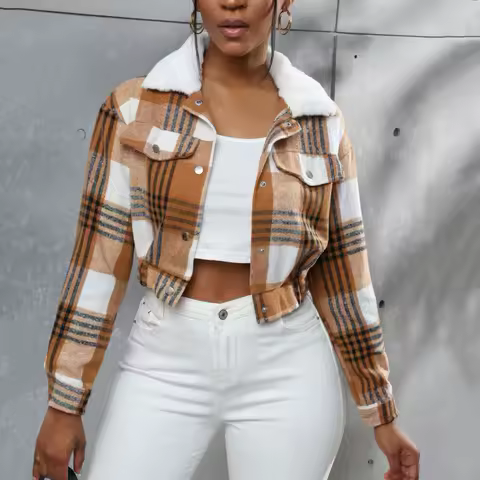 Women Coat Short Type Plaid Print Turn-down Collar Long Sleeves Coat Stretchy Hem Single-breasted Fall Winter Jacket