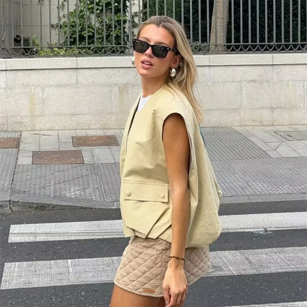 PB&ZA 2024 Spring New Women\'s Fashion Style Casual Loose Versatile Wrinkled Hem Sleeveless Tank Top