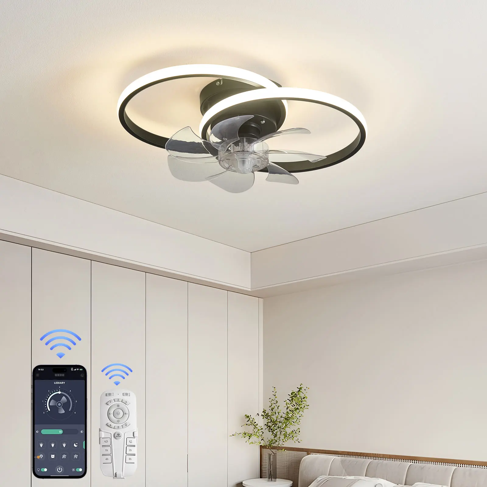 Modern Ceiling Fan with Light, Low Profile Ceiling Fan with Remote for Bedroom Kitchen Room LED Dimmable, Small Fan Light