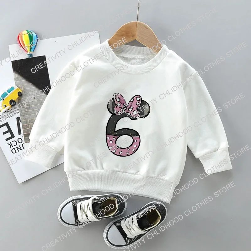 Sudadera de Minnie para niños, Ropa para Niñas, número 1-14, Kawaii, Disney, Pullover, moda, dibujos animados de Anime, Tops casuales para niños