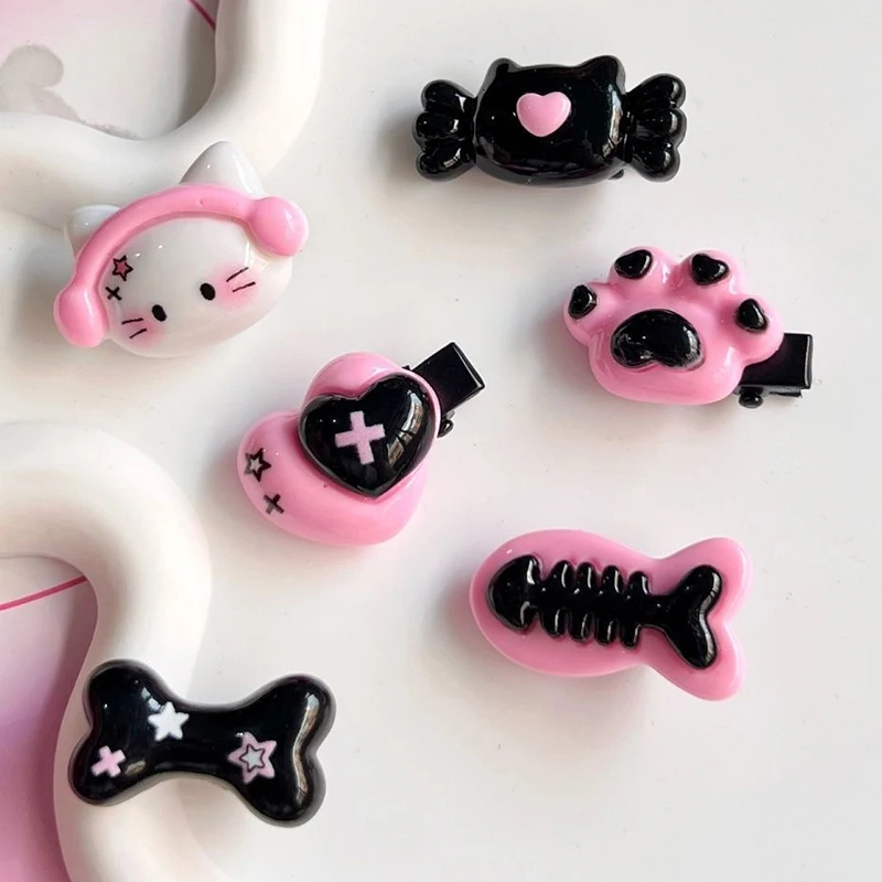 Y2k Girls Cute Aesthetic Hairpin Gothic Punk Cat Head Bone Plastic Hair Clip Barrettes