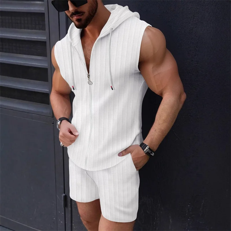 

Summer Available for Men's Hooded Sleeveless Zipper Plaid Suit Slim Fashion Casual Sports Vest Shorts Two-piece Set Trendy Suit