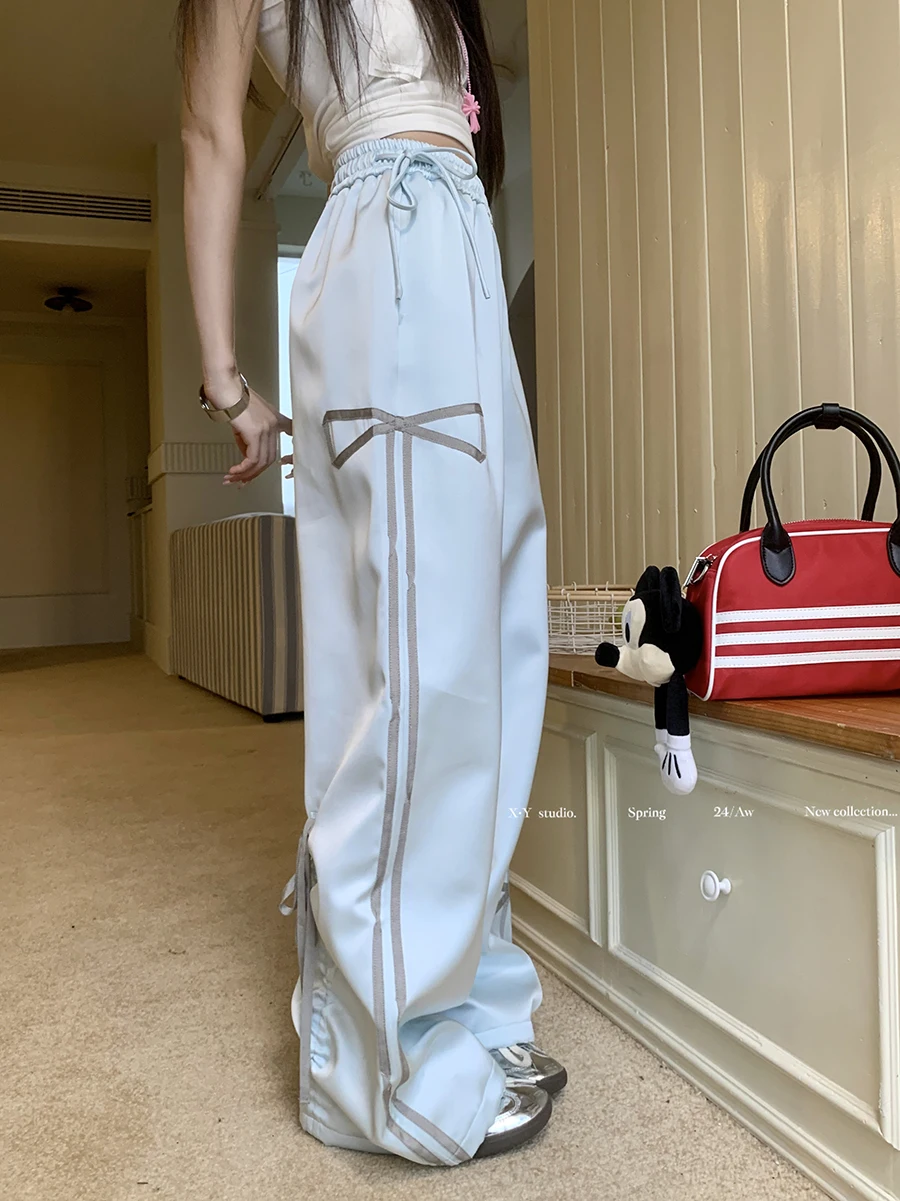 

Benuynffy American Streetwear Side Stripe Bows Pants Women's Drawstring Casual Loose Elastic Waist Korean Y2k Wide Leg Trousers