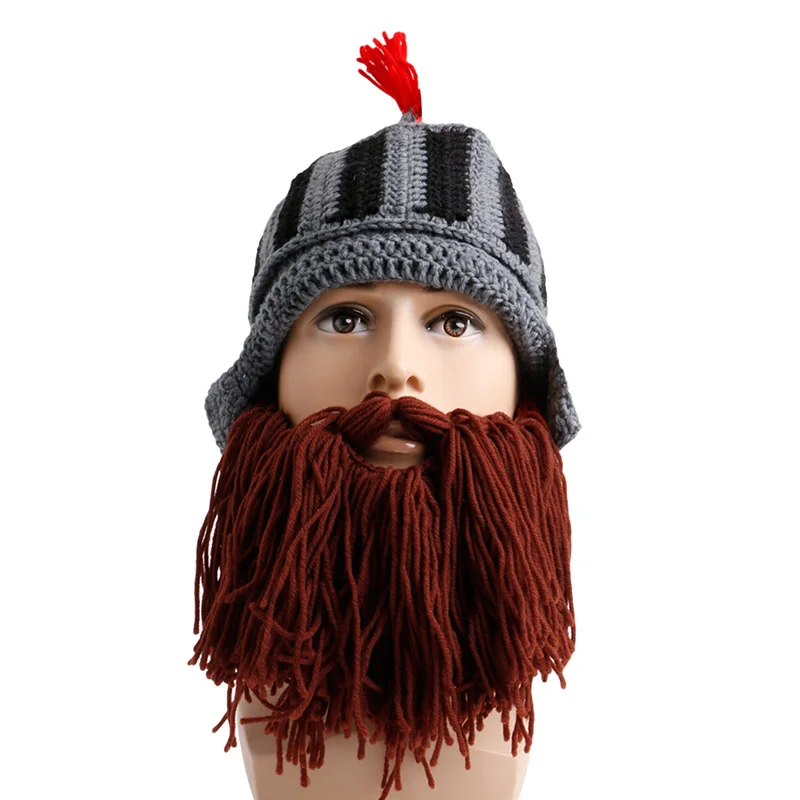 Cosplay Tassel Roman Knight Knit Helmet Men Caps Winter Warm Beard Hats