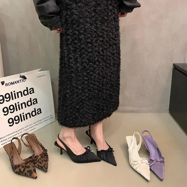 

Female Shoes Cover Toe Slippers Heels Slides Butterfly-Knot 2025 High Pointed Pumps Butterfly-knot Retro Scandals Shoes Butterfl