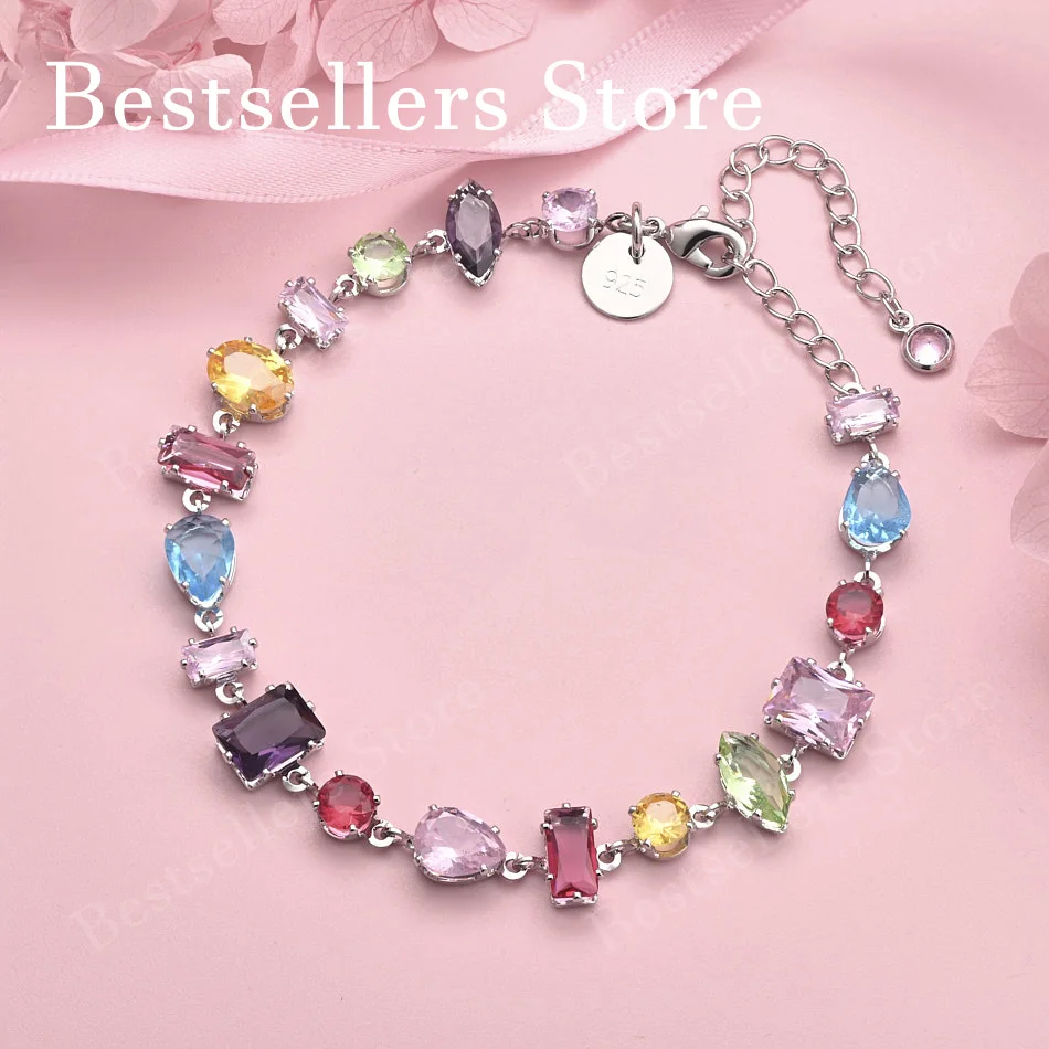 Luxury 925 sterling silver 8-inch exquisite colored zircon bracelet for women's fashionable wedding jewelry accessories