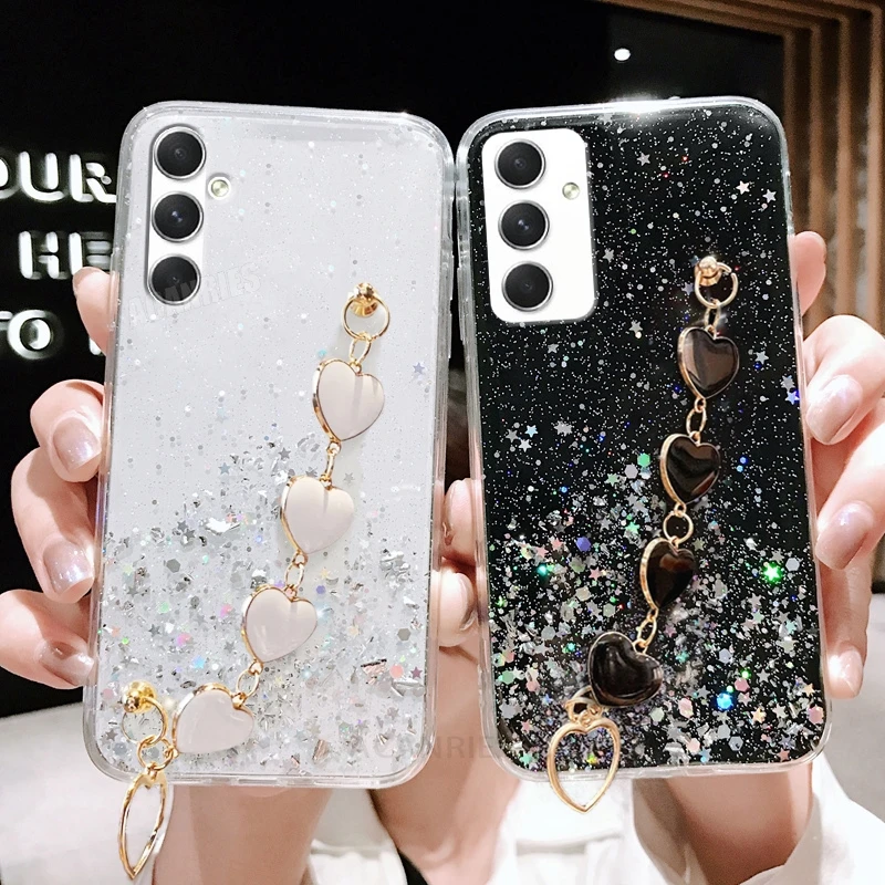 A 15 25 35 55 54 Love Heart Wrist Chain Silicone Case For Samsung Galaxy A15 A25 A35 A55 A14 A24 A34 A54 A05s M14 Bracelet Cover