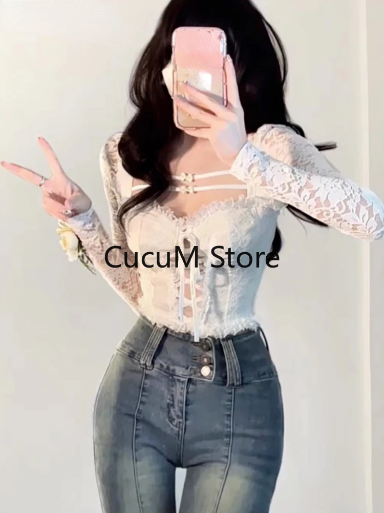 Sexy Crop Tops Slim Fit Lace Blouses for Women Temperament Shirts Bandage Fashion White Y2k Blouse White Cltohing 2023 Summer