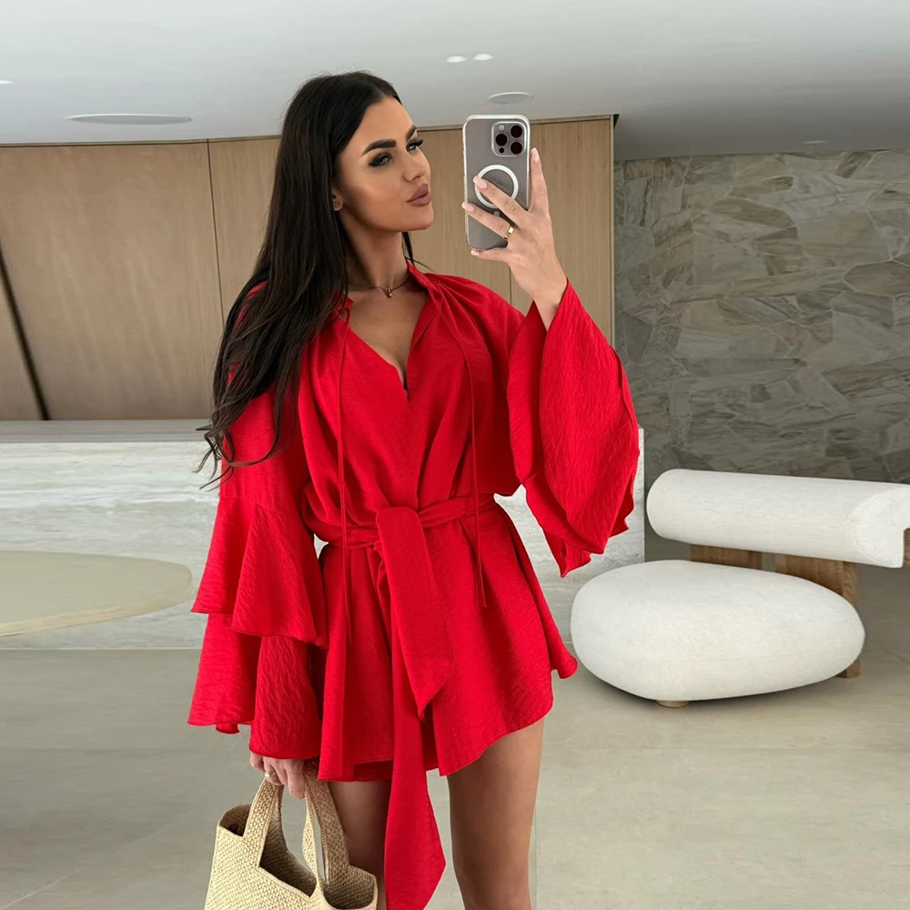 المرأة بلون فستان كتان الدانتيل متابعة الخامس الرقبة فضفاضة عطلة الخريف كشكش جرس طويلة الأكمام خمر فساتين صغيرة مثير عادية #4