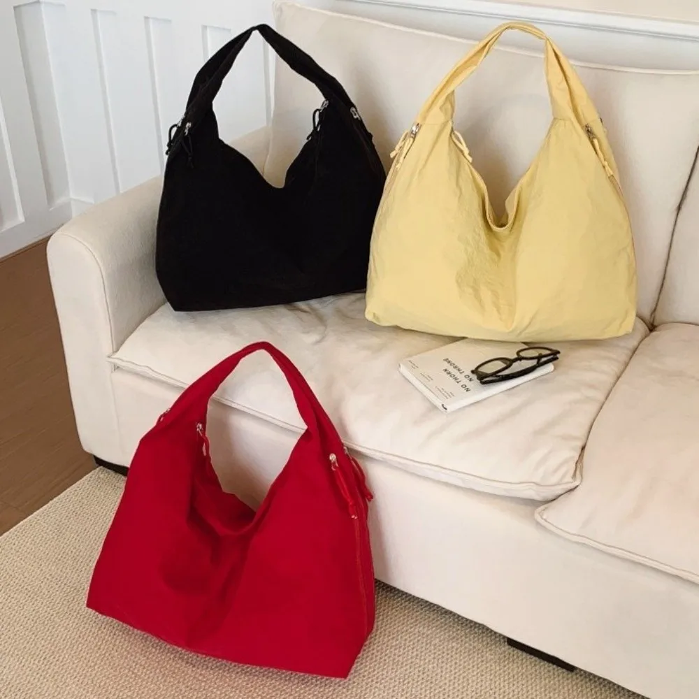 Nylon Shoulder Tote Bag Waterproof Solid Color Multi Pocket Handbag Zipper Closure Large Capacity Shopping Bag for Women Girls