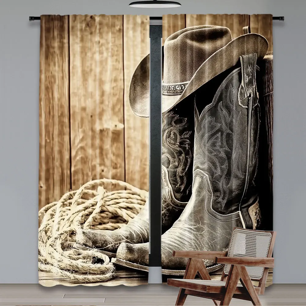 2Pcs Western Curtain American West Focused On Boots In Front Of Cask Composition Suitable For Bedroom Bathroom Living Room