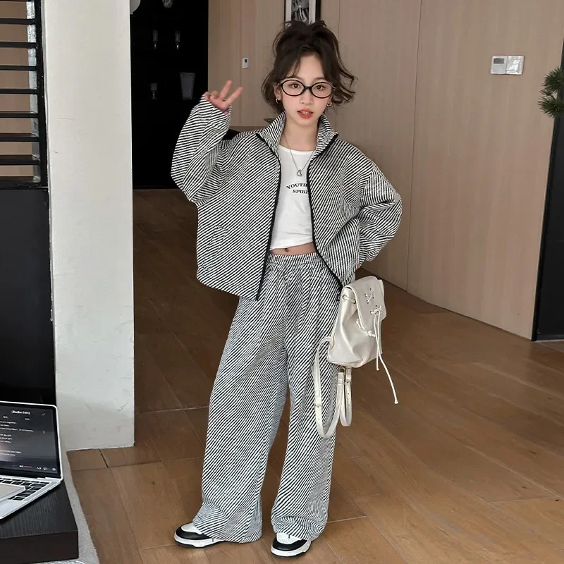 Spring Autumn Girls Cotton Striped Plain Full Zipper Sweat Jackets+Pant Sets School Kids 2PCS Tracksuit Children Outfits 5-14Yr