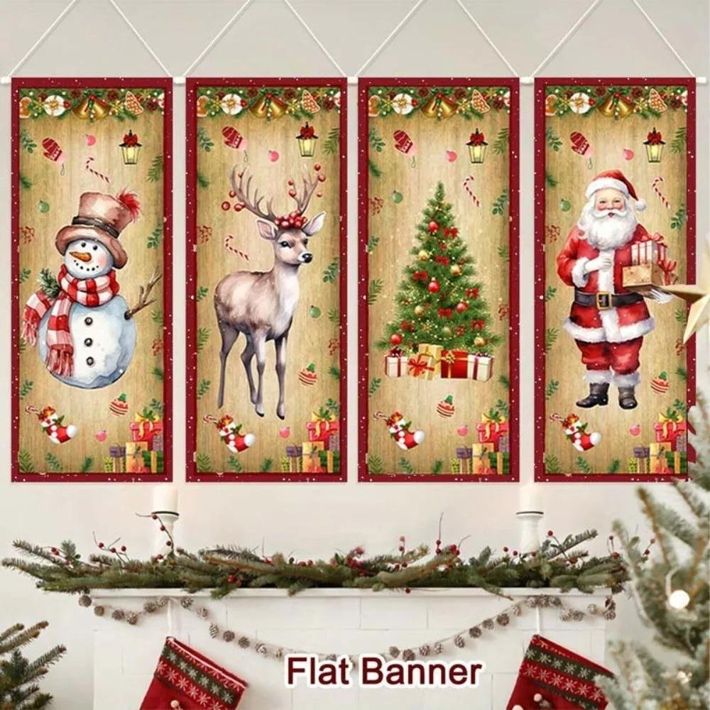 

4pcs Large Size Christmas Hanging Flag Rectangular Santa Claus Merry Christmas Banner Printed Elk Xmas Cloth Wall Couplet