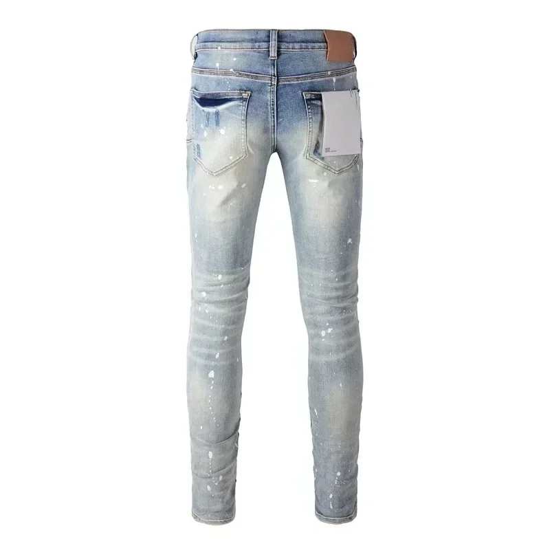 2024 Purples jeans uomo marca high street blu strappato distressed fashion repair pantaloni skinny in denim a vita bassa pantaloni di marca