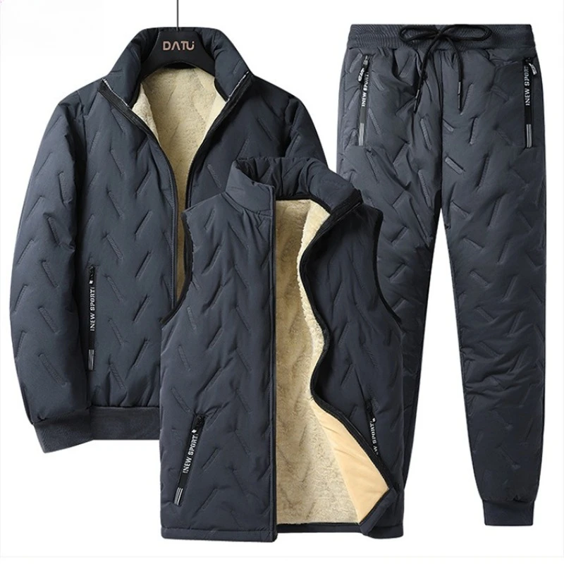 

Зимний спортивный комплект из 3 предметов, мужской утепленный жилет с воротником-стойкой из овечьей шерсти, куртка, комплект брюк, теплый морозостойкий стеганый спортивный костюм