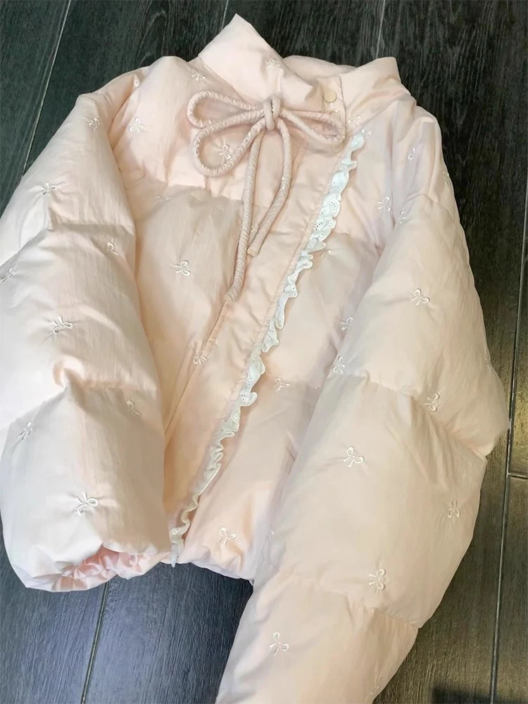 

Sweet Style Knot Tie Cotton Jacket Korean Version Stand Collar Small Size Cotton Clothes Autumn Winter Outerwear