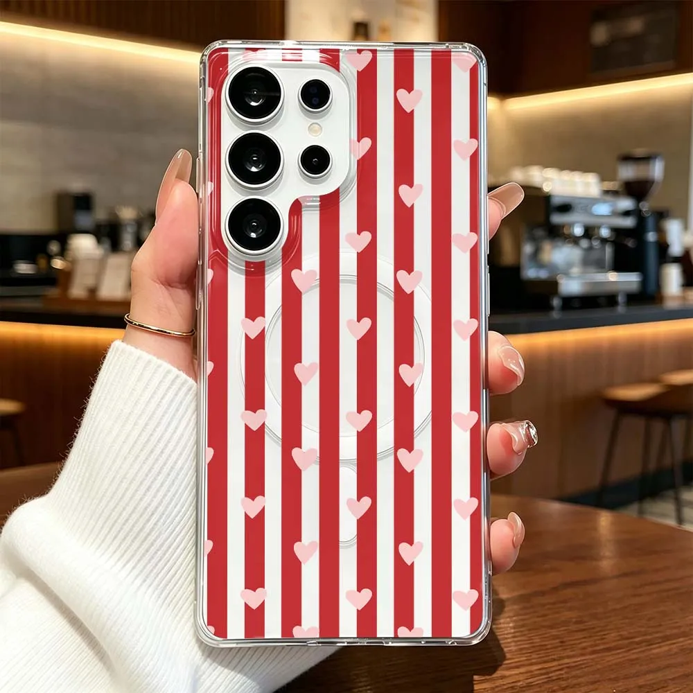 Stylish Stripe Heart Pattern For Samsung Galaxy S26 S25 S24 S23 S22 S21 Ultra FE Plus Transparent Magnetic Phone Case Cover