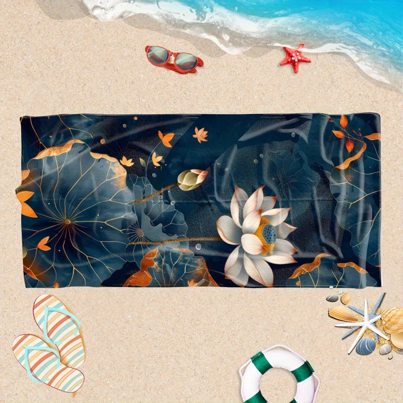 Golden embellished lotus pattern beach towel is suitable for summer beach swimming pool travel lightweight and machine washable