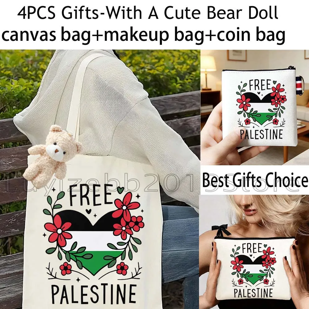 4PCS White Heart Peace Floral Arabic Arab White Canvas Tote Bag,Cosmetic Makeup Bag,Coin Purse Wallet Pouch for Men and Women