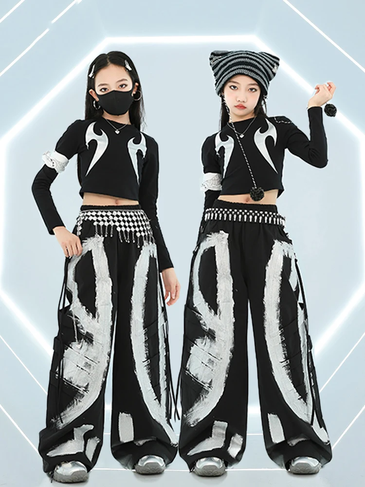 

2025 New Modern Jazz Dance Costumes For Girls Black Crop Tops Loose Pants Kpop Outfits Hip Hop Dance Performance Wear DQS18940