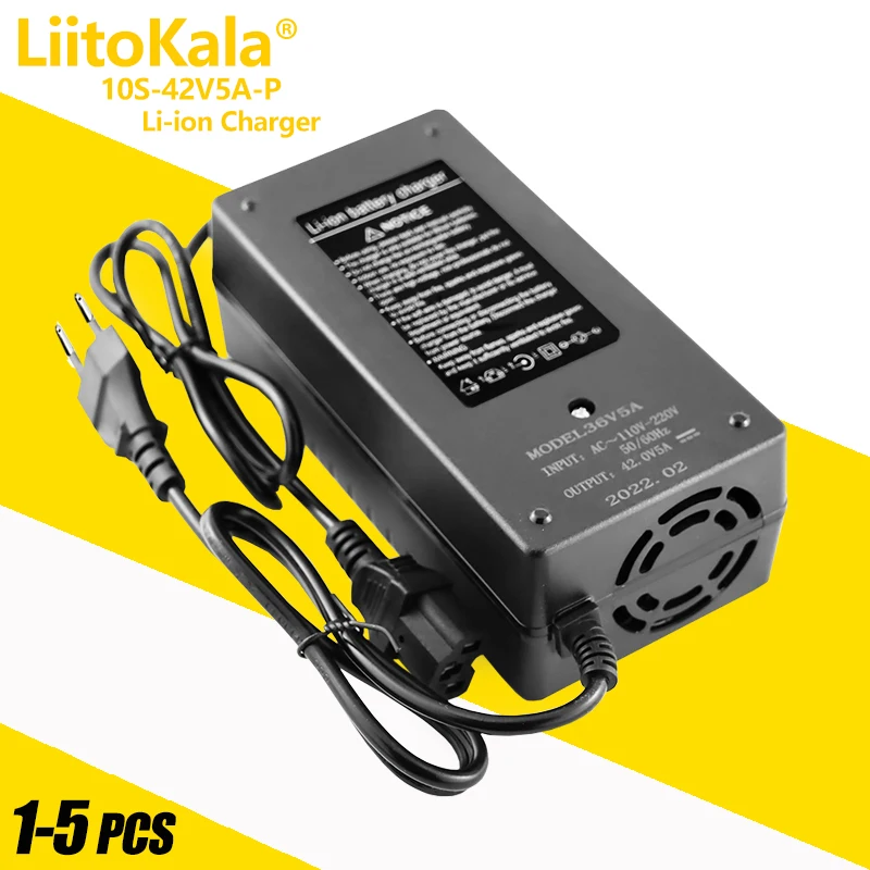 1-5PCS LiitoKala 36V 5A Electric E-Bike Battery Charger 42V 10S Ebike Scooter Bicycle Li ion  With Fan DC Connector