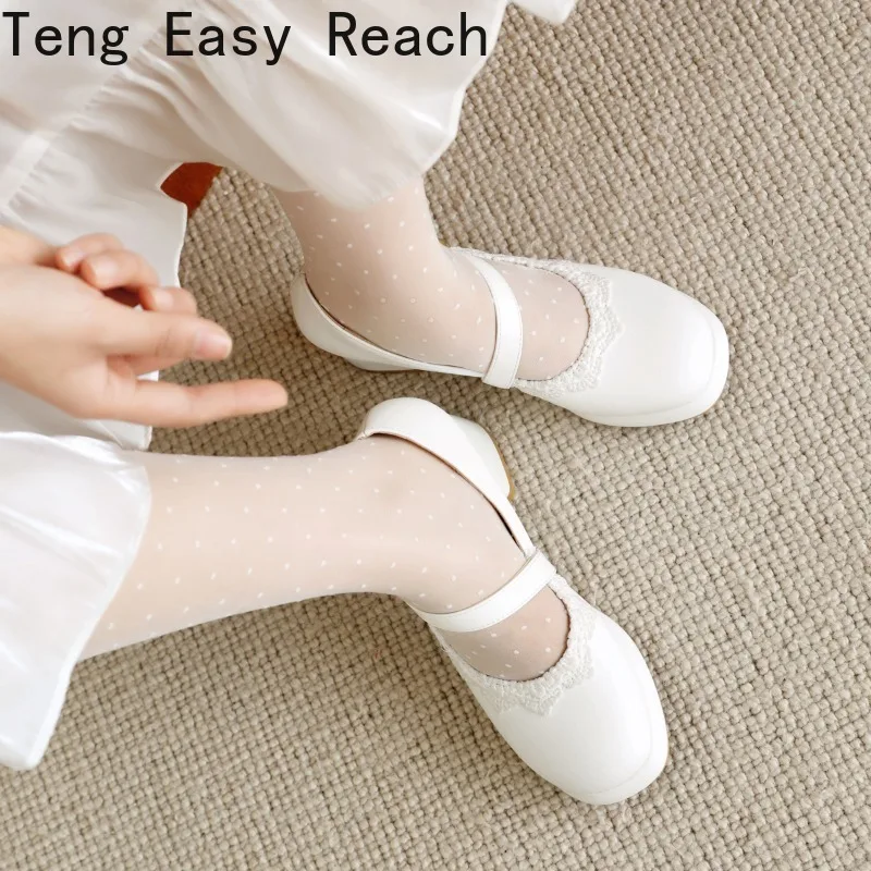 2024 New Women\'s White Mary Jane Shoes Spring Fashion Round Toe Chunky Heels Women\'s Lace Edge Princess Cosplay Lolita Shoes