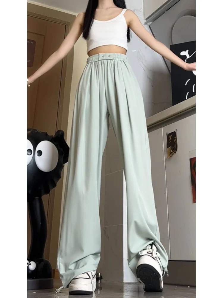 

Мужские летние тонкие брюки из ледяного шелка, новые, свободные, с высокой талией, драпированные, повседневные, прямые, в пол, модные, повседневные брюки