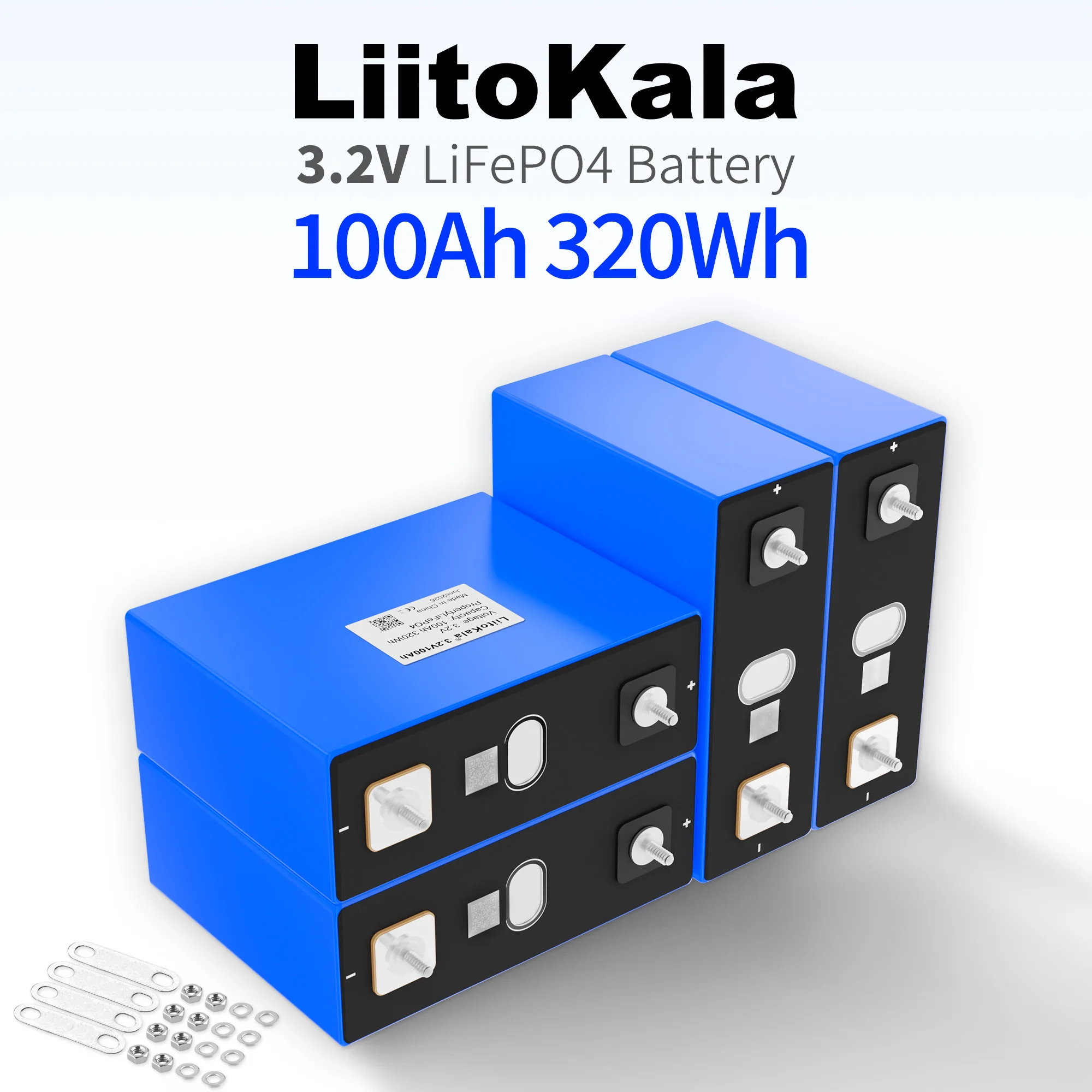LiitoKala 3.2V 100Ah LiFePO4 Battery 320Wh 4000 Cycles M6 Terminal Safe Energy Storage Cell For Solar Power RV Backup Power