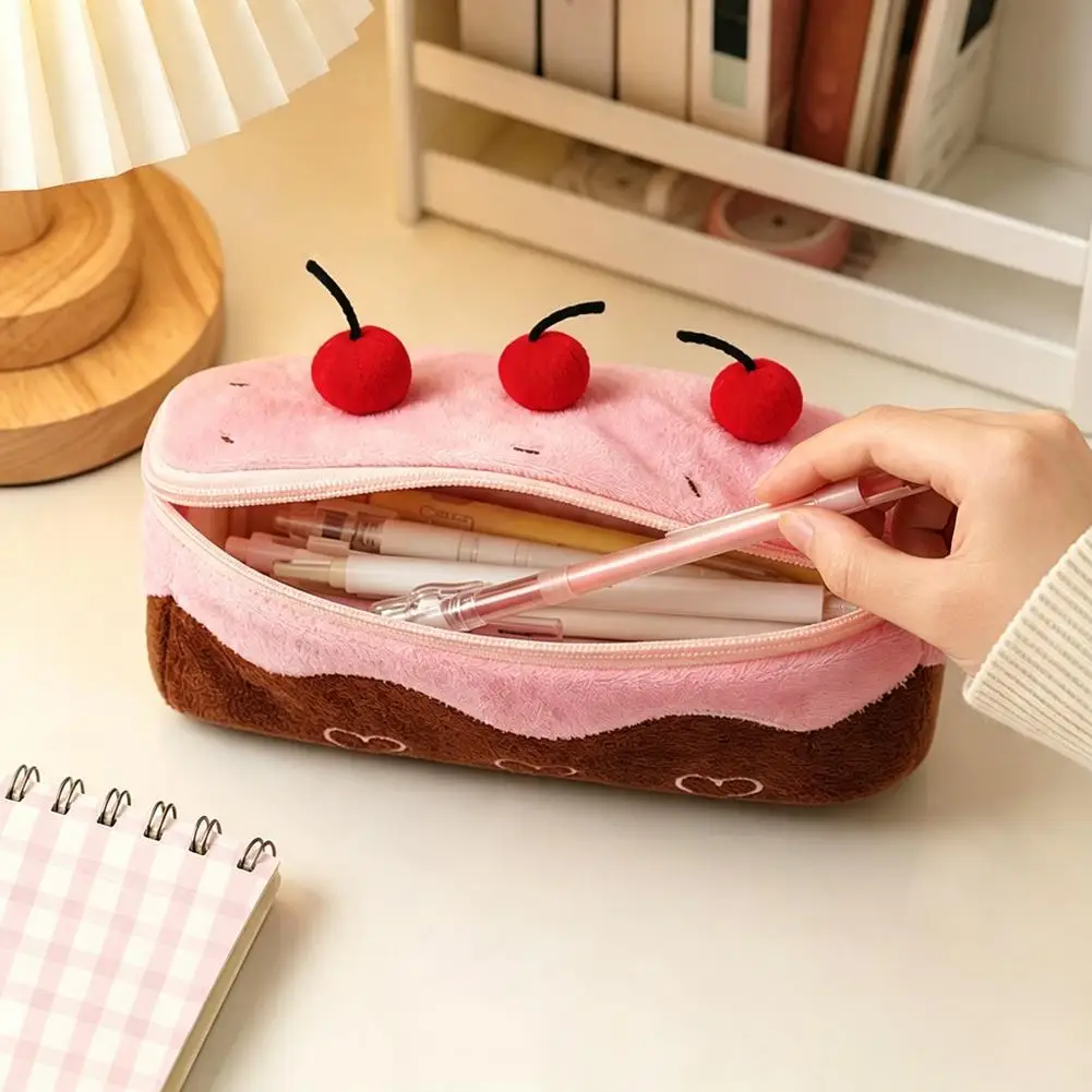 Cute 3D Cake Pencil Case Large Capacity Pen Bag Multifunction Stationery Bag Soft Plush Pen Case Zipper Storage Pouch for Girls