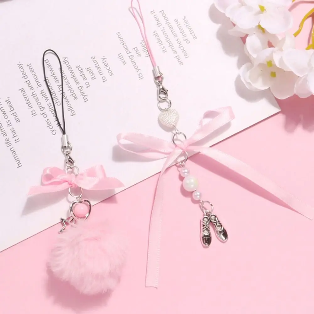 Y2K Pink Y2K Phone Chain Hairball Bowknot Mobile Phone Lanyard Ballet Shoes Ribbon Phone Case Pendant Card Pendant