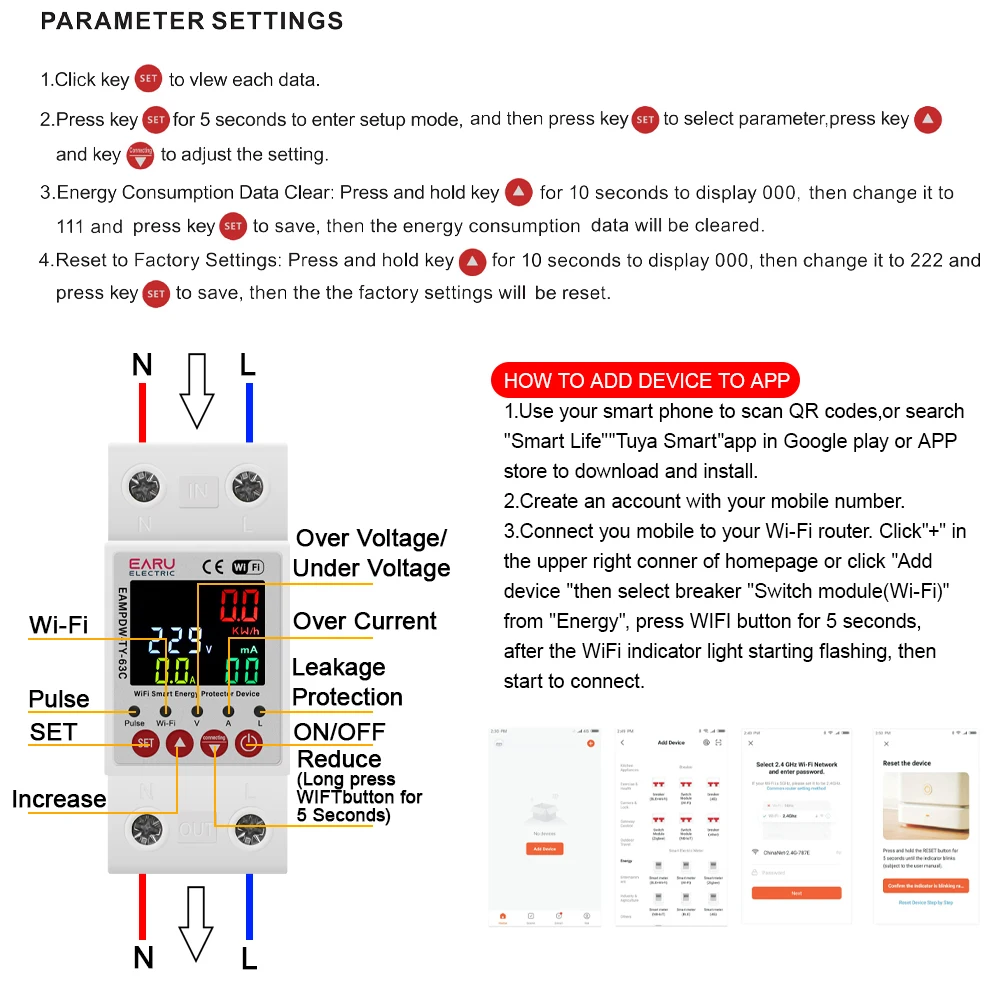 2P 63A TUYA APP WiFi Smart Circuit Earth Leakage Over Under Voltage Protector Relay Device Switch Breaker Energy Power kWh Meter