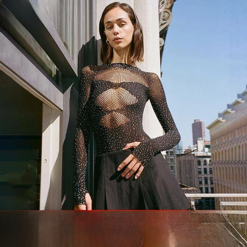 

Женский комбинезон из тонкого полиэстера с высокой талией и ажурным дизайном Street Sle