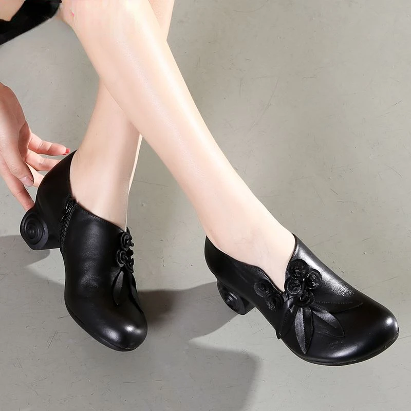 

Flower Genuine Leather women pumps high heels shoes for women Female Soft Autumn Handmade office Shoes