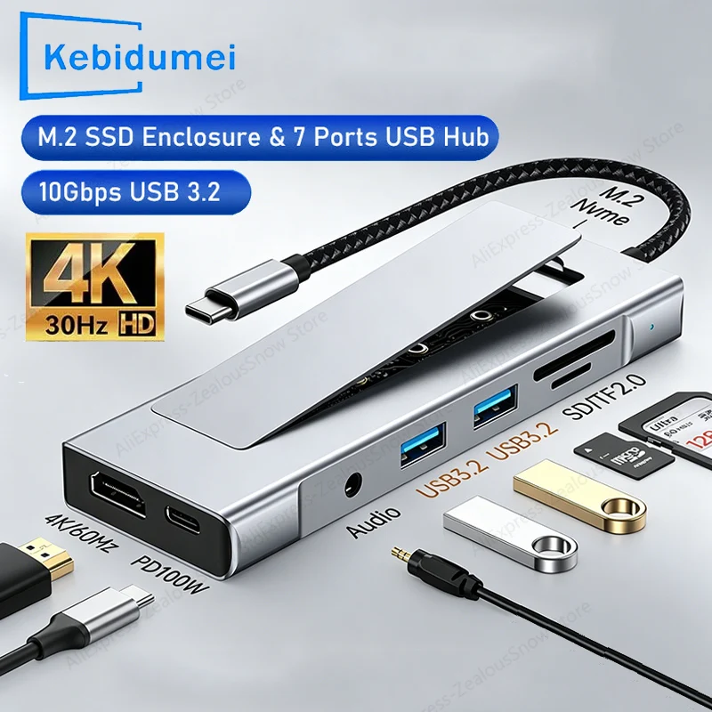 

﻿ KEBIDUMEI M.2 SSD HUB USB C Docking Station 8-in-1 M.2 NVME PCIE SSD Type C to HDTV 4K60Hz USB 3.2 Audio Splitter SD/TF Reader