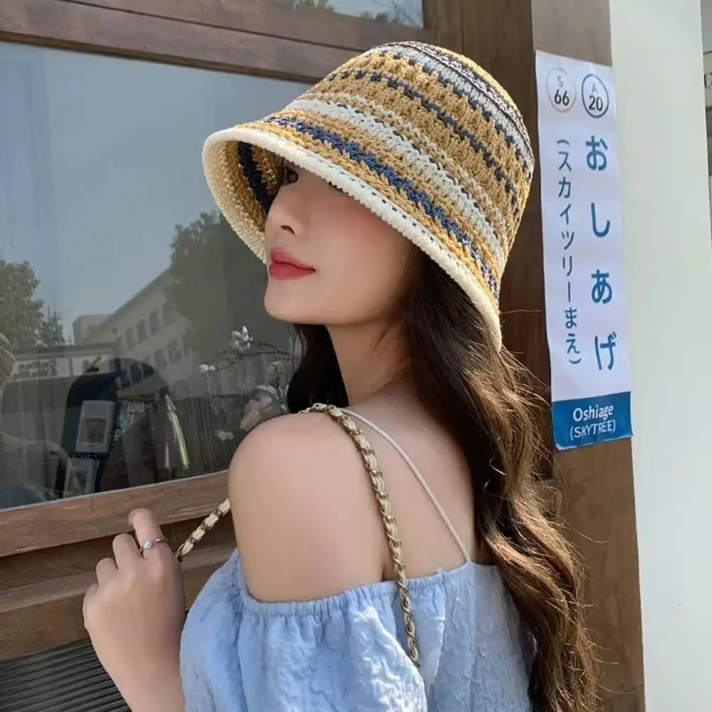 

New Fisherman's Hat Summer Knitted Hollow Straw Bucket Hat Sun Protection Breathable Beach Cap Crochet Wide Brim Sun Hat