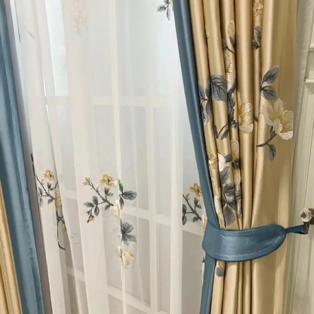New Chinese Style Gold and Blue Embroidered Window Tulle Curtains for Living Room Bedroom Splicing Thickened Curtains Customized