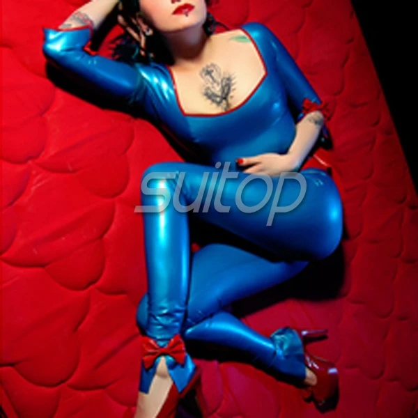 

woman 's sexy latex handmade catsuit blue rubber jumpsuit in metallic blue
