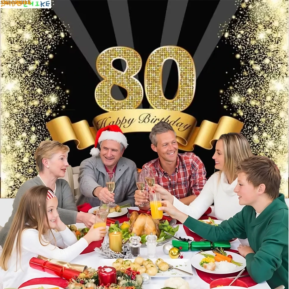 

80 Years Old Happy birthday Photography Backdrop Balloon Black Gold Fantasy Party Banner Decor Photo Studio Background XC-02