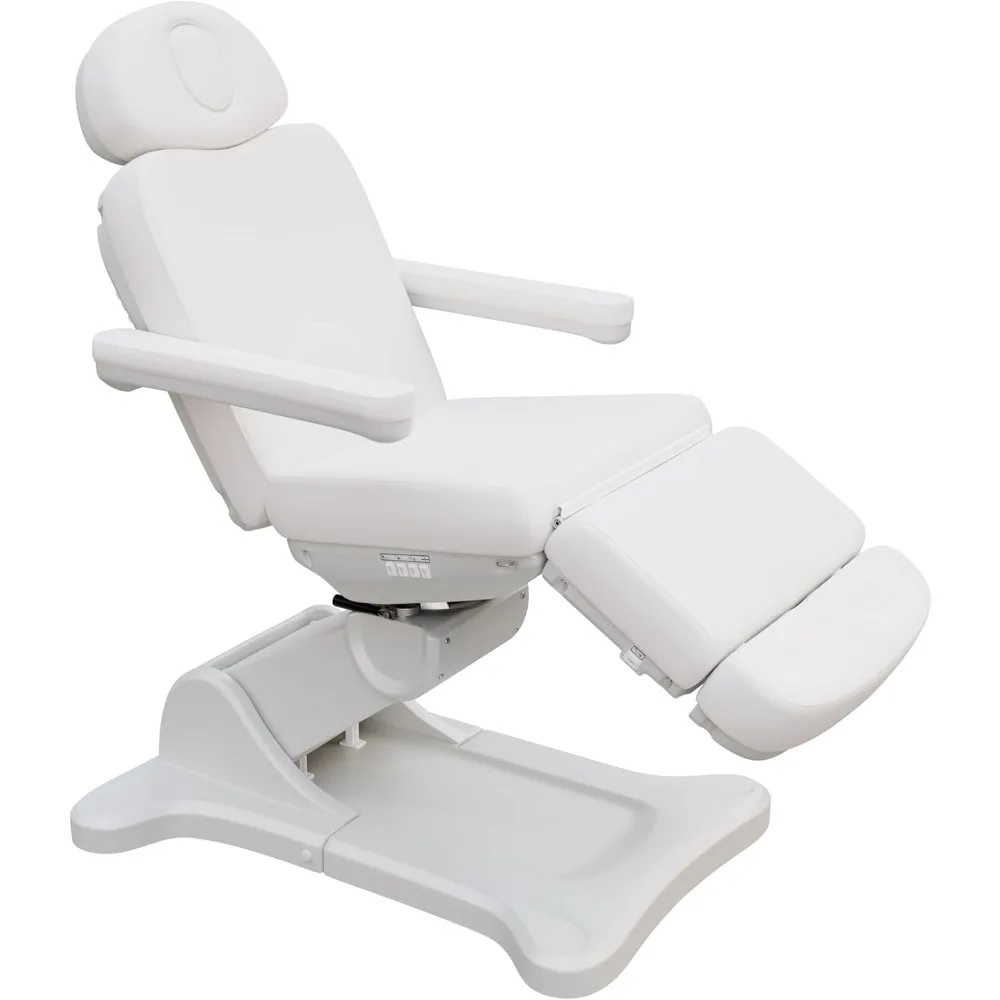 Fully Electric 4 Motor Treatment Chair with 240 Degree Bed Rotation Extendable Footrest Removable Arms USA Salon and Spa (White)