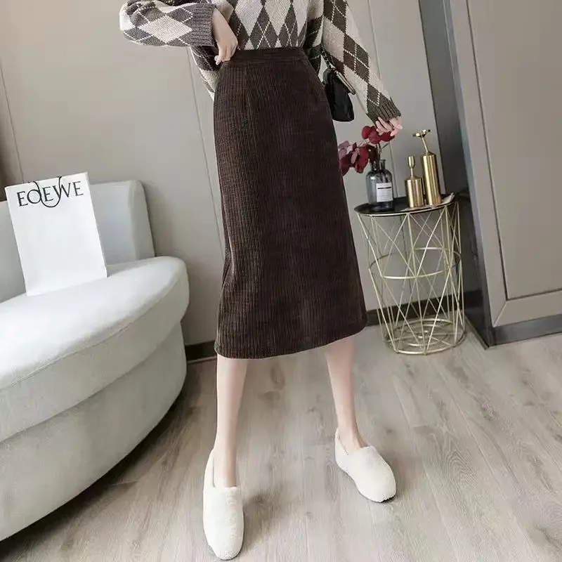 

Elegant Temperament Corduroy A-Line Skirt Autumn Elastic High Waist Fashion Thick Solid Split Skirts Women's Clothing P221