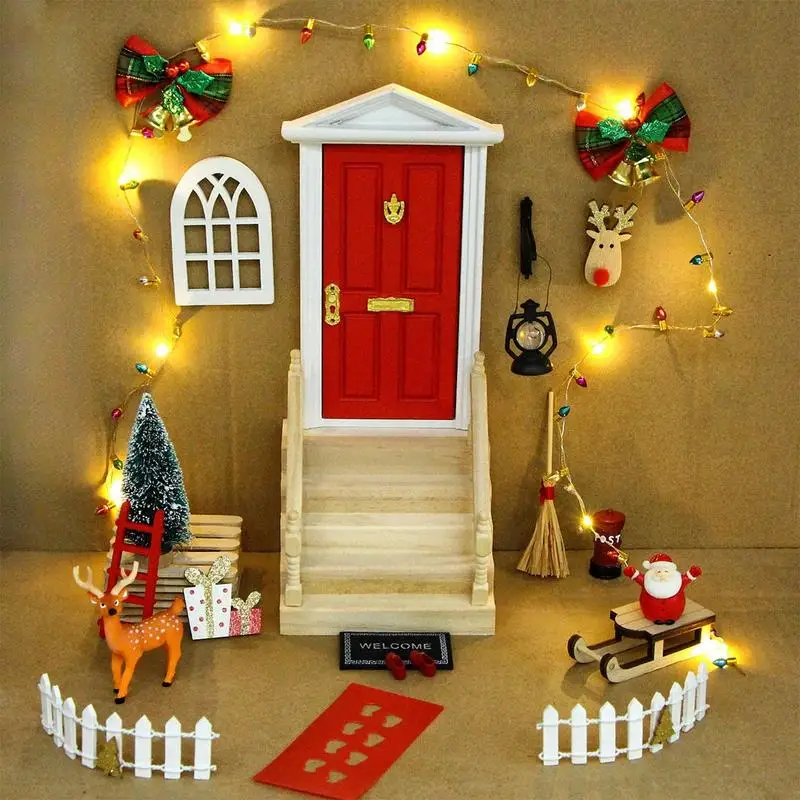 Elf Door Christmas Festive Dollhouse Decorations Christmas Mini Wooden Door Decorative Christmas Wooden Tiny Door Dollhouse