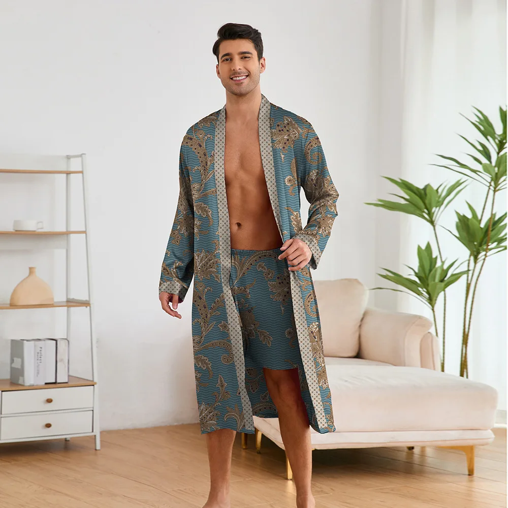 

Men Robes Long Sleeve Shorts Suit Robe Bathrobe Print Homewear Suit Pijama Hombre Verde Sage Silk Robe Set Men Slaapshirt Heren