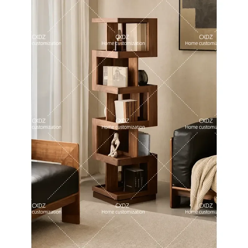 North American Black Walnut Rotating Bookshelf Floor Standing Corner Display Cabinet for Living Room Storage
