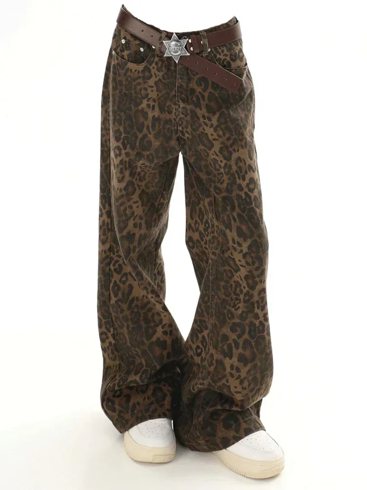 Pantalones vaqueros holgados con estampado de leopardo Y2k para mujer, pantalones vaqueros informales de pierna ancha de cintura alta, ropa de calle de moda, pantalones vaqueros rectos para mujer