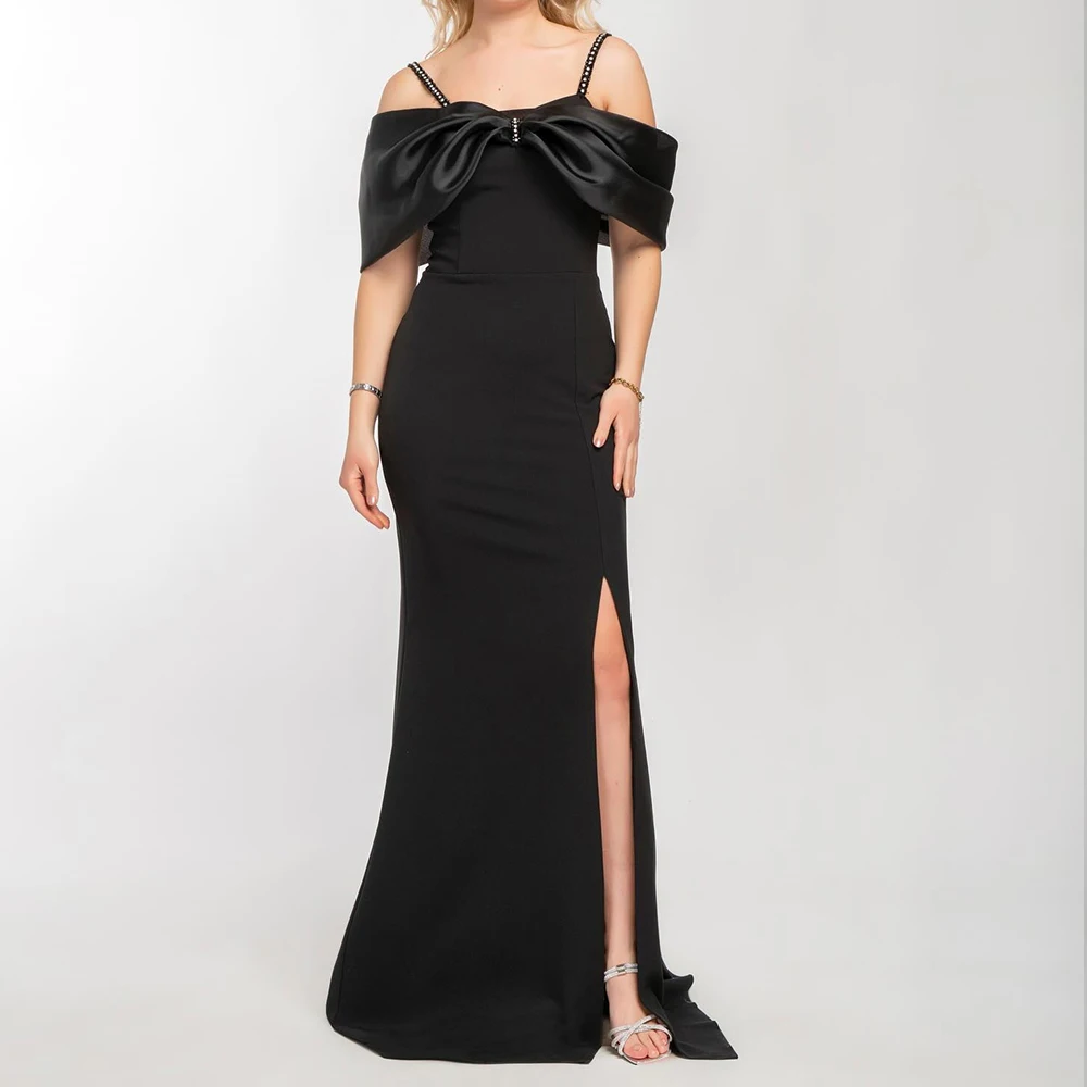 

Bow Jersey Spaghetti Straps Formal Sleeveless Evening Dress Floor Length Off the Shoulder Black Straight Modern Prom Gowns