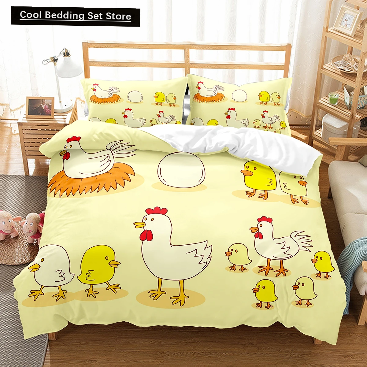 Cartoon Chicken Animal King Queen Duvet Cover Kawaii Yellow Chick Bedding Set Lovely Hen Quilt Cover Polyester Comforter Cover