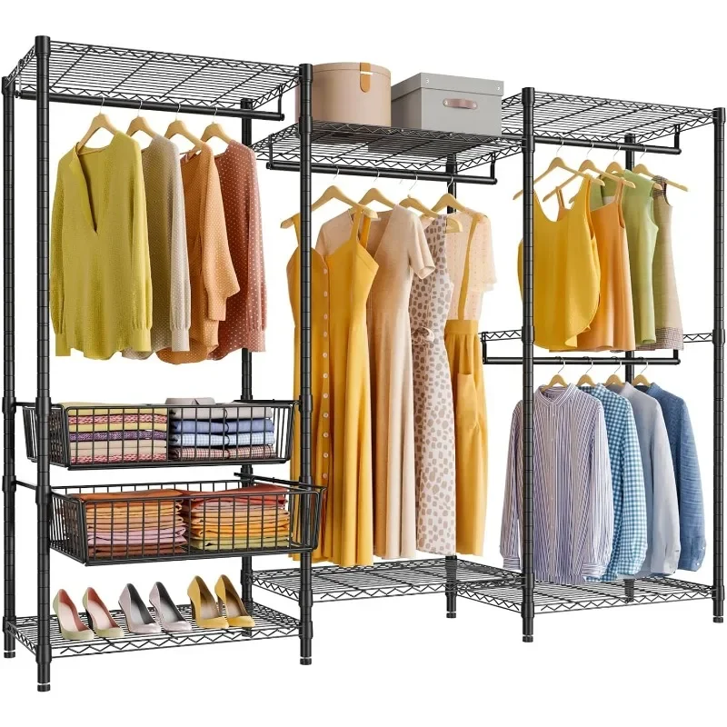 V10 Wire Garment Rack Heavy Duty Clothes Rack, Freestanding Closet Wardrobe Metal Clothing Rack with 2 Slid Baskets,